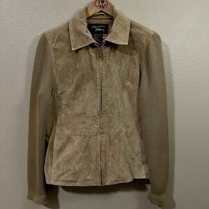Fabio Women's Genuine Leather Suede Jacket Knit Sleeves Zip Up Tan Brown Size L